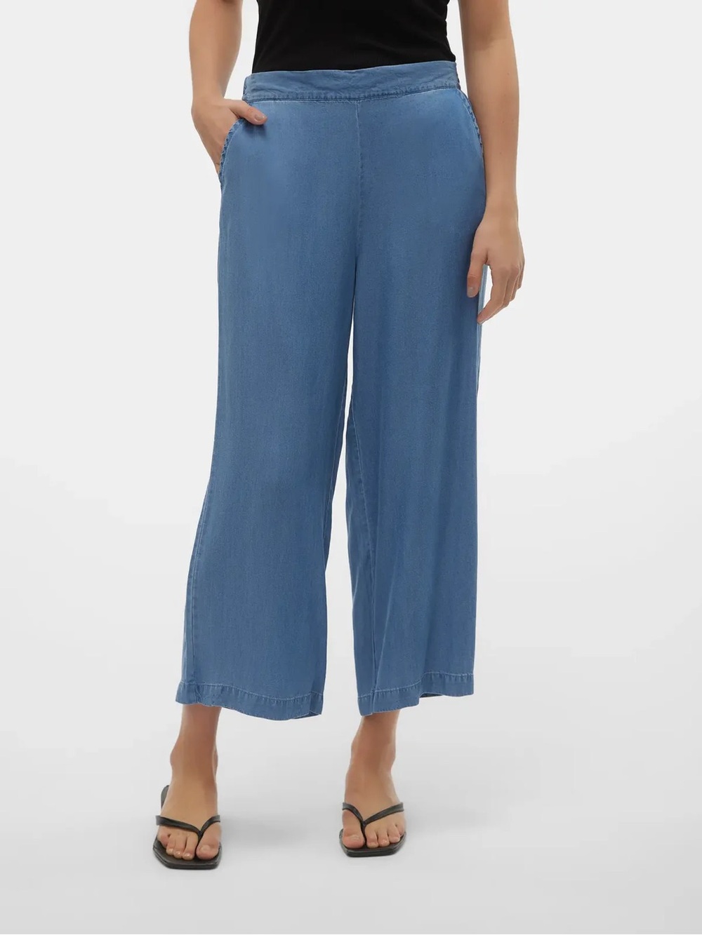 Vero Moda (L) Bree Mid Rise Wide Culotte Trousers Pockets Lyocell Tencel Blue